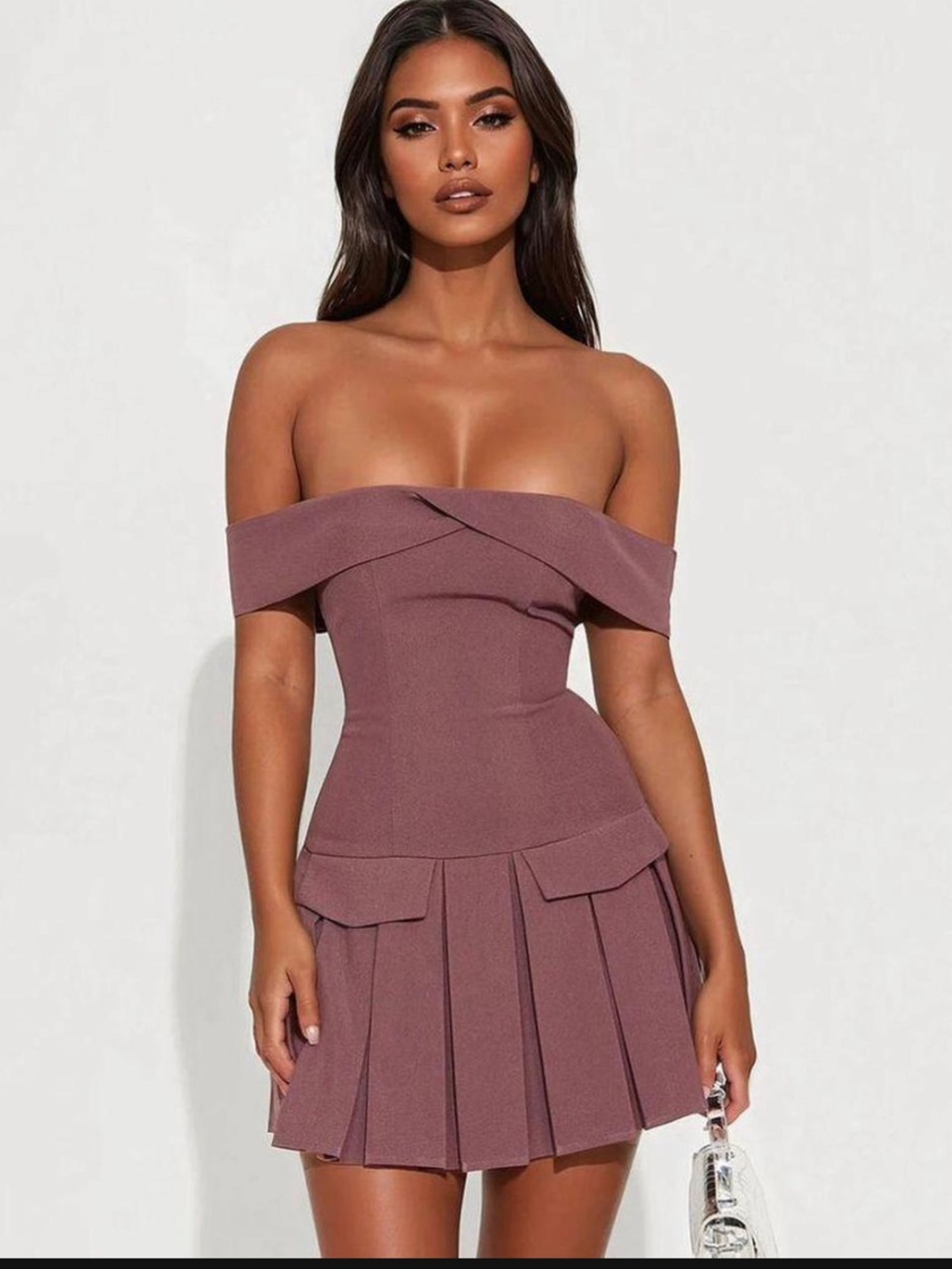 Fashion Nova Off-the-Shoulder Dusty Mauve Pleated Mini Dress